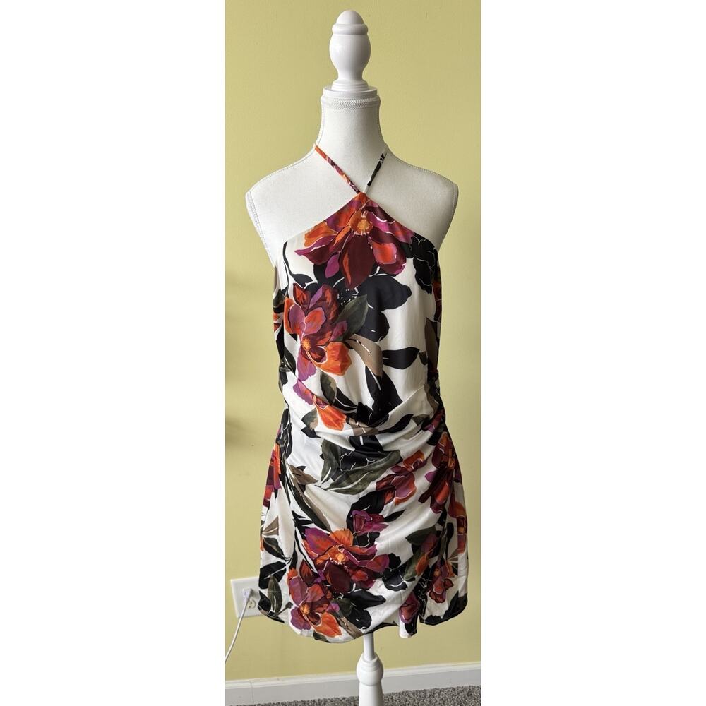 Adelyn Rae Floral Halter Ruched Mini Dress Size Large Ivory Multicolor Lined